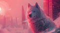 Retrofuturism action scene of a curious Samoyed dog playing futuristic sports ai generate