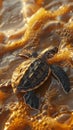Retrofuturism Baby sea turtle exploring a dystopianrivers ai generated Royalty Free Stock Photo