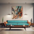 Retrofuturism Inspired Blue Couch And Wooden Coffee Table In Modern Living Room