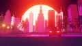 Retrofuturism space landscape with big sun and car near a river