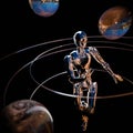 Retrofuturism-style chrome robot, fantastic background Royalty Free Stock Photo