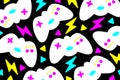 Retrofuturistic background with gamepad and graphic elements. Game backdrop