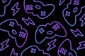 Retrofuturistic background with gamepad and graphic elements. Game backdrop
