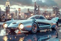 A retrofuturistic car is displayed against the backdrop of a city skyline, A retro-futuristic car with retro elements and