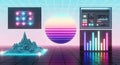 Retrofuturistic Digital Landscape with Neon Data Visualizations, 3D Wireframe Terrain, HUD Elements, and Synthwave Grid Background Royalty Free Stock Photo