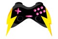 Retrofuturistic gamepad with lightning. Game console flat icon. Modern abstract video game symbol.