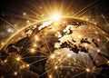 Retrofuturistic Global Network A Visual Exploration of Interconnected Nodes Luminous Data Streams and Wired