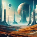 Retrofuturistic landscape in Retro science fiction scene with futuristic Generated