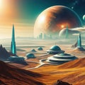 Retrofuturistic landscape in Retro science fiction scene with futuristic Generated