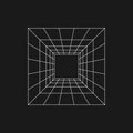 Retrofuturistic perspective grid tunnel. Digital cyber retro design element. Perspective tunnel in cyberpunk 80s style