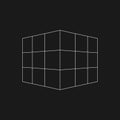 Retrofuturistic perspective mesh cube. Digital cyber retro design element. Cube in cyberpunk 80s style. Perspective
