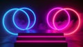 A retrofuturistic podium adorned with glowing neon circles evoking a sense of scifi and spaceage aesthetics. The circles