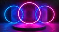 A retrofuturistic podium adorned with glowing neon circles evoking a sense of scifi and spaceage aesthetics. The circles