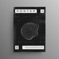 Retrofuturistic poster with broken laser grid and liquid distorted wireframe planet. Black and white poster design in