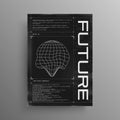 Retrofuturistic poster with HUD elements and broken laser grid. Black and white poster design in cyberpunk style with