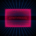 Retrofuturistic red hologram rectangle, HUD element on dark starry space background with blue laser grids. Royalty Free Stock Photo