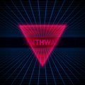 Retrofuturistic red hologram reiangle, HUD element on dark starry space background with blue laser grids. Royalty Free Stock Photo