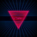 Retrofuturistic red hologram reiangle, HUD element on dark starry space background with blue laser grids.