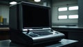 A retrofuturistic scifi computer terminal awaits interaction on a blank screen within a game design setting