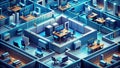 Retrofuturistic Server Room An Isometric Exploration of Vintage Tech in a Blue and Silver Office Royalty Free Stock Photo