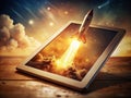 RetroFuturistic Startup Launch Immersive Hologram Projection Technology Unveiled on a Vintage Tablet