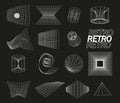 Retrofuturistic, wireframe line elements vector set. Perspective grids in cyberpunk style. Polar grid, portals circle