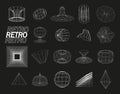 Retrofuturistic, wireframe line elements vector set. Perspective grids in cyberpunk style. Polar grid, portals circle