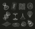 Retrofuturistic, wireframe line elements vector set. Polar grid, portals circle. Abstract geometry, blackhole