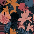Retrol Abstract seamless pattern with isolated flowers silhouettes on summer colorful mix with geometric elements. Vector