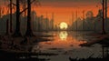 Retromer 8-bit Illustration: Orange Sunset In Decaying Swamp