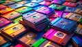 A Retrospective on Data Storage A Panoramic View of Stacked Floppy Disks Evoking the Nostalgic Era of Computing Royalty Free Stock Photo