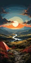 Retroversion Camping Poster: Red Tent In Hyper-detailed Landscape
