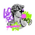 Retrowave abstract mixed media design with ancient statue bust with abstract urban graffiti street art. 90s neon bright