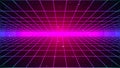 Retrowave background. Bright perspective grid. Retro future style