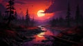 Retrowave-inspired Hyper-detailed Sunset River Painting