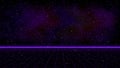 Retrowave purple laser perspective grid with bright horizon line and space nebula on starry background. Retrofuturistic