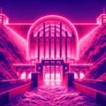 Retro Wave: Neon Glow Over Hydroelectric Plant, generative ai