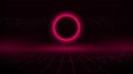 Retrowave sci-fi pink laser perspective grid background with glowing circle. Retrofuturistic cyber laser landscape with