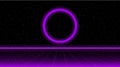 Retrowave sci-fi purple laser perspective grid and glowing circle on starry space background. Retrofuturistic cyber