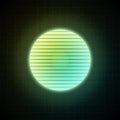 Retrowave style striped sun with yellow, green and blue glowing in starry space with laser grid. Vaporwave, synthwave