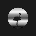 Retrowave sun 1980s style with the flamingo silhouette. Black and white striped sun with flamingos silhouette. Design