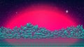 Retrowave sunset background. Retro futuristic landscape. Huge pink sun. Dark starry sky. Synth wave style backdrop