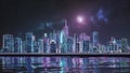 Retrowave or synthwave New York city skyline 3D rendering illustration. Generic futuristic neon cityscape concept