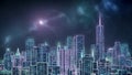 Retrowave or synthwave New York city skyline 3D rendering illustration. Generic futuristic neon cityscape concept