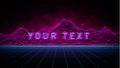 Retrowave synthwave vaporwave blue laser grid in starry space and polygonal pink laser mountains on background with