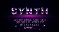 Retrowave synthwave vaporwave font in 1980s style. Retrowave design letters, numbers, symbols and set of lens flare on