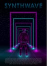 Retrowave synthwave vaporwave illustration with neon man, perspective laser grid and neon rectangular portals on starry Royalty Free Stock Photo