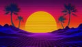 Retrowave, synthwave or vaporwave 80`s landscape with neon light grid, sun and palm trees. Sci-fi, futuristic illustration with