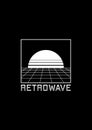 Retrowave t-shirt and apparel design with perspective grid, sun in the horizon, and stripy title RETROWAVE. The 1980s