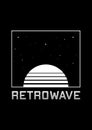 Retrowave t-shirt and apparel design with striped sun, starry sky and headline RETROWAVE. The 1980s aesthetics. Black